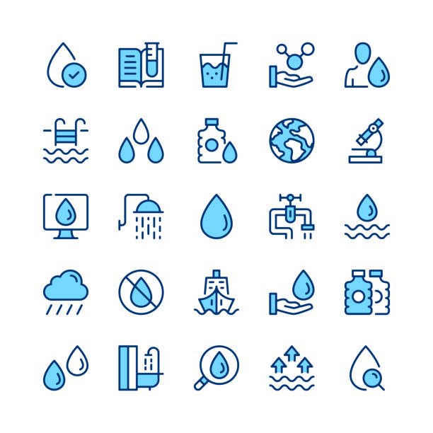 Water line icons. Blue color. Outline stroke symbols. Vector line icons set - ilustração de arte vetorial