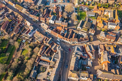 Aerial photo from a drone of Fordingbridge High Street in Hampshire, UK. Captured in January 2023.