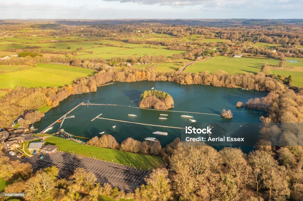 New Forest Water Park Aerial photo from a drone of The New Forest Water Park captured in January 2023 when temporarily closed for the off season. 2023 Stock Photo