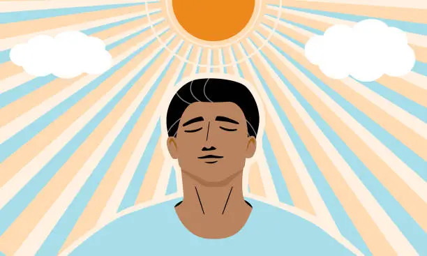 Vector illustration of A tan skin man under the sunshine for get more vitamin D from the sun light, healthy lifestyle concept. flat vector illustration.