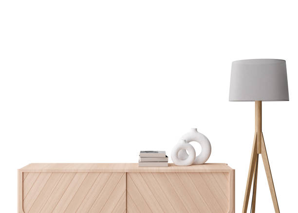 istock Wallpaper presentation mock up. Sideboard with home accessories isolated on white background. Copy space for wallpaper design, wall panels, photo wallpaper, print or paint. Interior mockup. 3D render. 1458738640