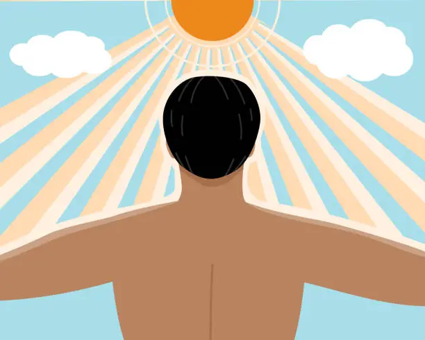 Vector illustration of Behind view of tan skin man under the sunshine for get more vitamin D from the sun light, healthy lifestyle concept. flat vector illustration.