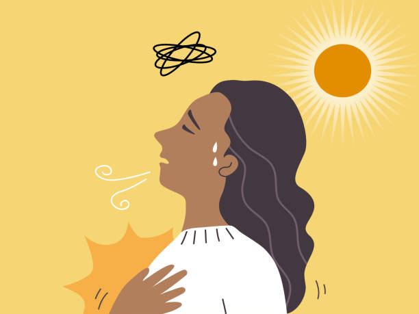 illustrations, cliparts, dessins animés et icônes de une femme debout sous la lumière du soleil par temps chaud et ayant des maux de tête, essoufflés, étourdissés et douleurs thoraciques. concept d’insolation. illustration vectorielle plate. - femme siffle