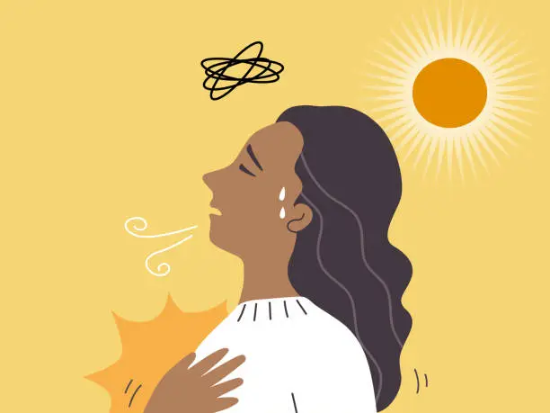 Vector illustration of A woman standing under sun light on hot weather and having headache, breathless, dizzy and chest pain. sunstroke concept. flat vector illustration.