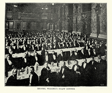 Vintage illustration after a Photograph of Waring's of Liverpool staff dinner, 1898, 19th Century