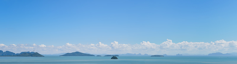 Wide panorama, tropical seascape on a bright day with copy space. Ko Lanta, Krabi, Thailand.