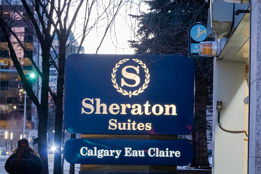 Calgary, Alberta, Canada. Jan 22, 2023. a Sheraton Hotel sign at Calgary Eau Claire