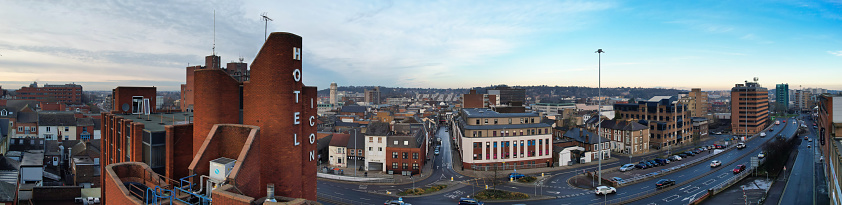 High Angle Panoramic Editorial View of Central Luton City and Buildings During Sunset, Most Beautiful Footage of Great Britain Modern and Historical View of Town of England, Image Was Captured with Drone on 22-01-2023