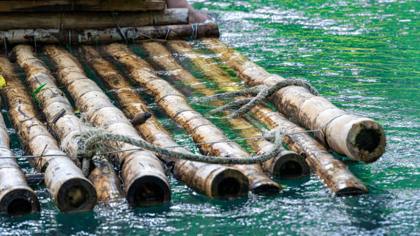 descendre une rivière sur un radeau de bambou - wooden raft photos et images de collection