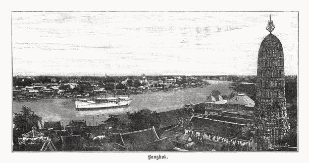 istock Historical panoramic view of Bangkok, Thailand, wood engraving, published 1899 1458745819