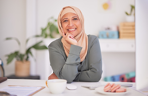 Hijab, business woman and portrait of a morning coffee of an employee ready for office work. Muslim, islamic and web content marketing worker smile about senior management project and company growth