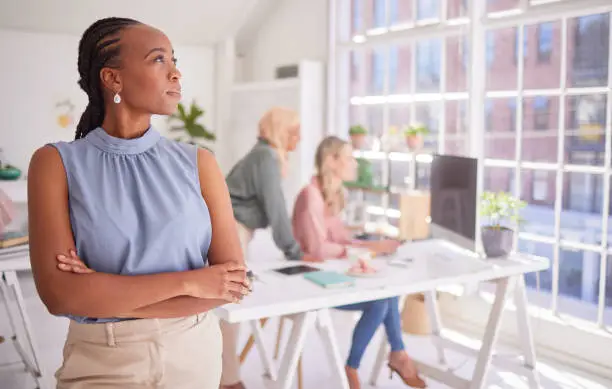 Photo of Black woman, leadership and vision with arms crossed for corporate strategy, planning or ambition for improvement. African female employee manager thinking with aspiration for career growth at office