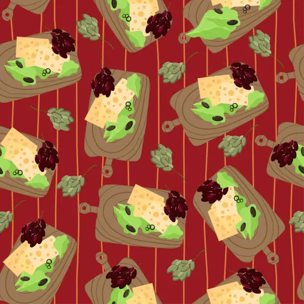 Vector illustration of Summer picnic red seamless pattern. Cheese, grapes, salad, olives on a cutting board on a tablecloth. Summertime