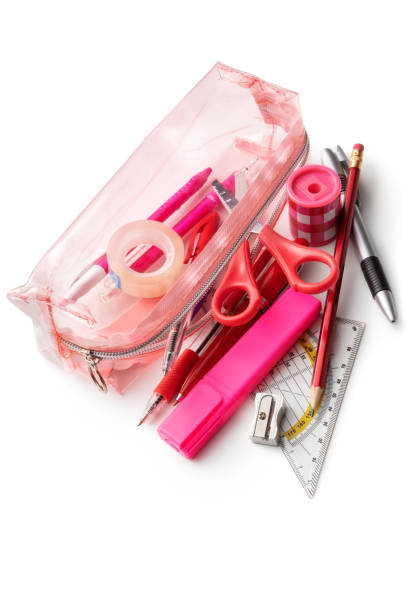 istock Office Supplies: Pink Pencil Case with Contents Isolated on White Background 1458747838