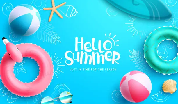 Vector illustration of Hello summer vector design. Hello summer text with tropical elements like floater, beach ball and surf board.