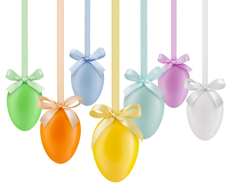happy Easter decorations colorful eggs with shiny ribbons bows in pastel light colors, hanging on transparent background. Template for label, gift greeting card, promotional banner or ticket price