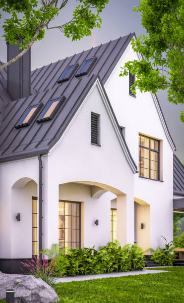 istock 3d rendering of white and black modern Tudor house in evening 1458749196