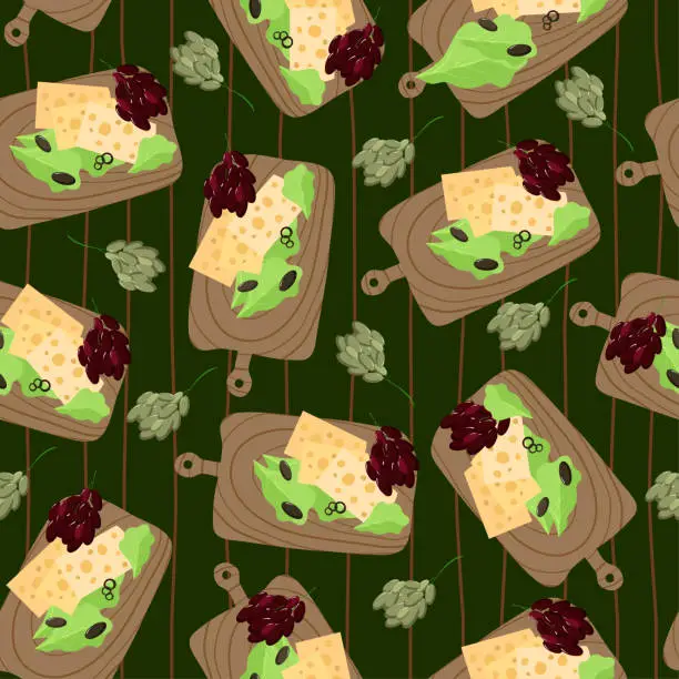 Vector illustration of Summer picnic green seamless pattern. Cheese, grapes, salad, olives on a cutting board on a tablecloth. Summertime