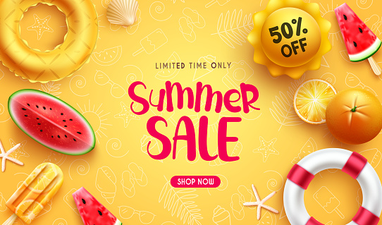 Summer sale vector design. Summer sale up to 50% off promotion text with tropical season elements in background. Vector illustration summer holiday advertisement.