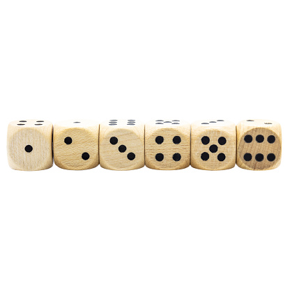 six wooden w6 or 6 sided dices, isolated