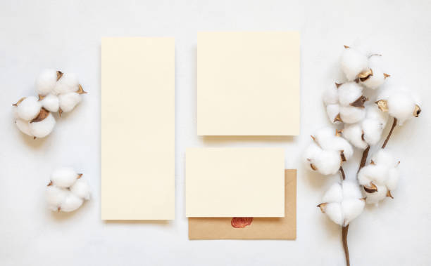 istock Blank cards and envelope with cotton flowers top view on white, wedding mockup 1458752068