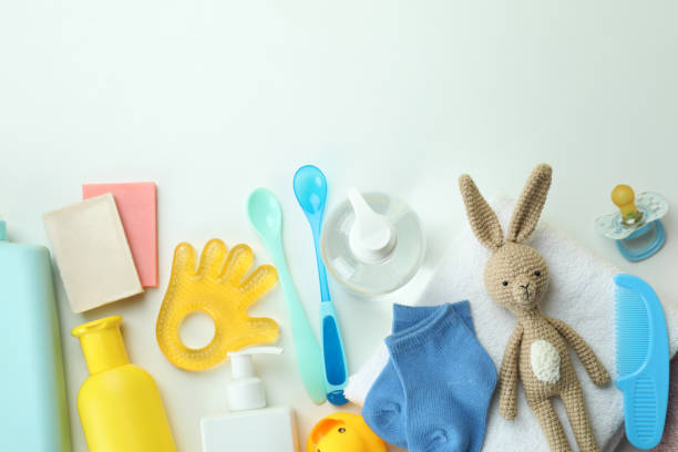 istock Different baby hygiene accessories on white background 1458752909