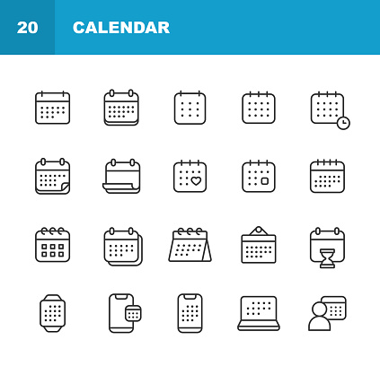 20 Calendar Outline Icons. Appointment, Birthday, Calendar, Checkmark, Christmas, Clock, Countdown, Date, Day, Deadline, Delivery, Document, Elections, Gift, Holiday, Hourglass, Infographic, Management, Medical Appointment, Meeting, Mobile App, Month, Office, Plan, Planning, Remember, Schedule, School, Season, Shipping, Smartwatch, Summer, Time, Time Management, Vacation, Valentine’s Day, Week, Winter, Year.
