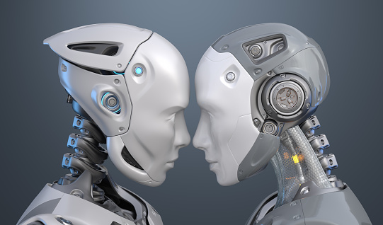 Human like robots are looking each other eyes. 3D illustration
