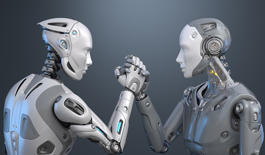 Human like robots holding hands.3D illustration