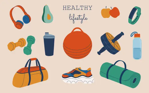 Vector illustration of Sport equipment, fitness accessories. Fitness ball, foam roller, yoga mat, gym wheel, shaker, dumbbell, fitness tracker, footwear.