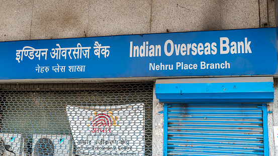 New Delhi, India - Jan 10, 2023 - Nehru Place branch of Indian Overseas Bank (IOB) provides retail banking services