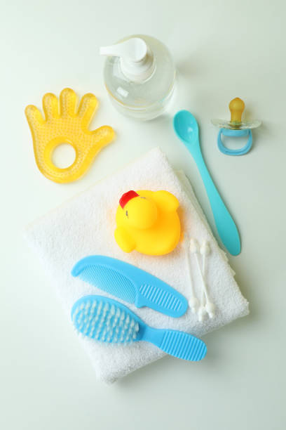 istock Different baby hygiene accessories on white background 1458753760