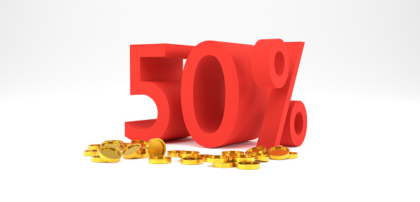3D Rendering. 50 percent off with gold coin and white background. Special Offer 50% Discount Tag. Super sale offer.
