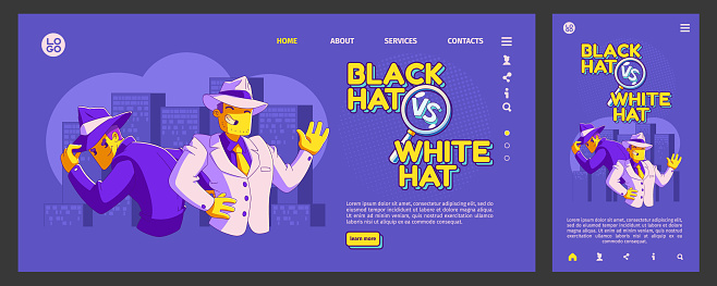 Black vs white hat seo landing page template set. Contemporary vector illustration of good, bad business characters on purple background. Search optimization solutions. Website and mobile app design