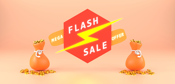 3D Rendering. Flash sale banner design with the Gold coin bag. Special Offer day and MEGA discounting.