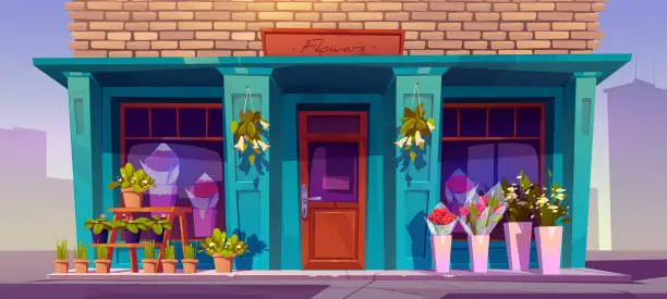 Vector illustration of Flower shop facade, traditional city store front