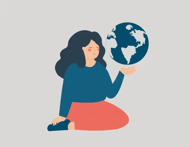 Vector illustration of Young woman holds the earth with her hand. Feminist sits and protects the world globe. Concept of International Earth day and Women's day.