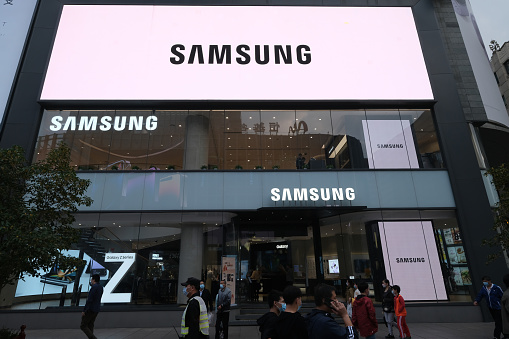 Shanghai,China-Oct.16th 2022: facade of large Samsung Electronics flagship store and brand logo