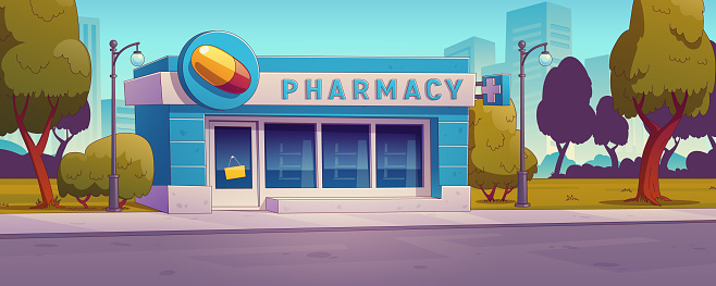 Pharmacy building storefront, drug store on roadside with cityscape view. Medical institution architecture facade. Modern pharmaceutical center urban infrastructure, Cartoon vector illustration