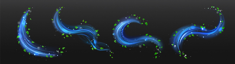 Freshness effect, blue air or wind flow with green leaves. Glow waves and swirls, wand trails, fresh menthol breath or detergent isolated on transparent background, Realistic 3d vector illustration