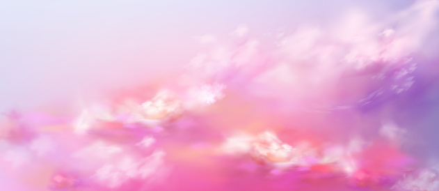 Realistic sky, pink heaven background. Sunset or sunrise natural cloudscape view with white and lilac soft fluffy clouds. Evening or morning abstract vivid fantasy backdrop, 3d vector illustration