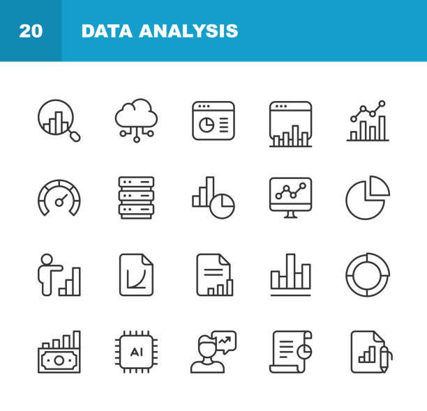 ilustrações de stock, clip art, desenhos animados e ícones de data analysis line icons. editable stroke. pixel perfect. for mobile and web. contains such icons as analytics, artificial intelligence, assessment, big data, chart, cloud computing, dashboard, data analysis, diagram, finance, performance, statistics. - dashboard