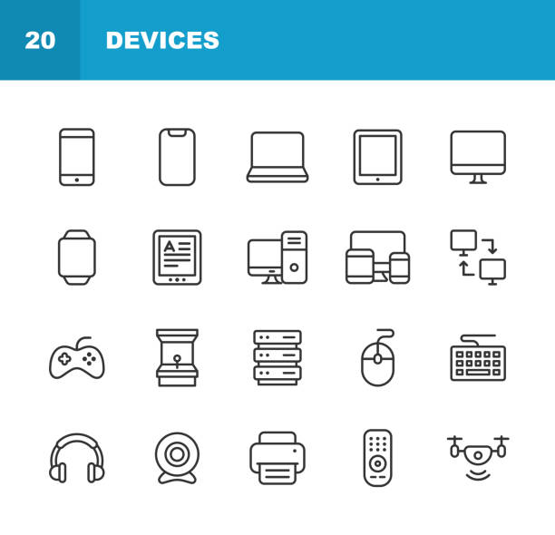 illustrazioni stock, clip art, cartoni animati e icone di tendenza di icone di linea dei dispositivi. tratto modificabile. pixel perfetto. per dispositivi mobili e web. contiene icone come intelligenza artificiale, fotocamera, computer, database, drone, cuffie, laptop, monitor, pc, smartphone, smartwatch, tablet, videogioco, - video game pc sign portable information device