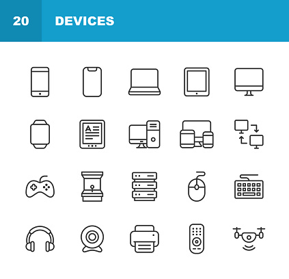 20 Devices Outline Icons. Arcade Machine, Artificial Intelligence, Camera, Cloud Computing, Computer, Computer Network, Database, Device, Drone, E-Reader, Gaming Console, Headphones, Healthcare, Joystick, Keyboard, Laptop, Location, Map, Medicine, Mobile Phone, Monitor, Mouse, Navigation, Payments, PC, Phone, Printer, Processor, Radio, Selfie, Smartphone, Smartwatch, Speaker, Tablet, Tools, TV Remote, USB Stick, Video Call, Video Camera, Video Conference, Video Game, Virtual Reality, Watch, Web Server, Webcam.