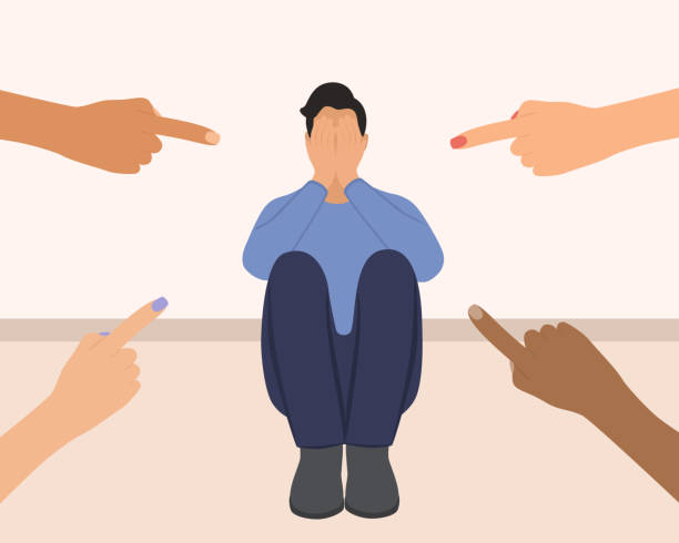 Depressed Man Surrounded By Hands With Index Fingers Pointing At Him. Sad Man Covering His Face With His Hands. Victim Blaming And Social Judgement Concept Depressed Man Surrounded By Hands With Index Fingers Pointing At Him. Sad Man Covering His Face With His Hands. Victim Blaming And Social Judgement Concept humiliate stock illustrations