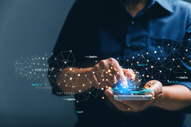 Big data analytics and business intelligence concept. Business person holding Global network connection. World map point and line composition of global business. Digital link tech. modern strategy.