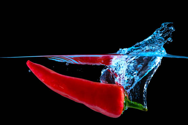 Red chilli dropped in water with splashes isolated on white background.