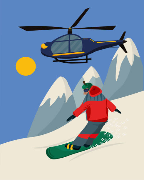 bildbanksillustrationer, clip art samt tecknat material och ikoner med snowboarder on the slope of the mountain. heli ski. winter sports. skiing. freeride. vector illustration - heliskiing