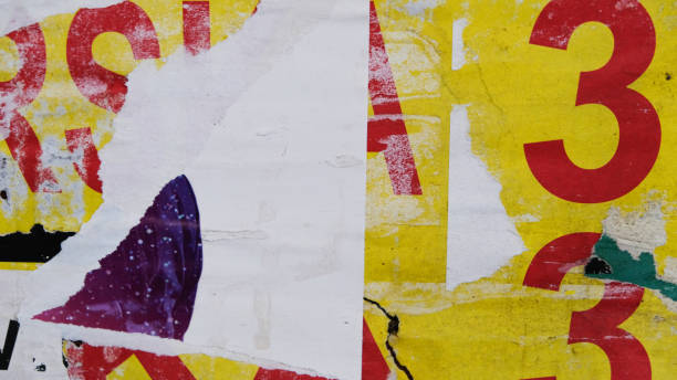 istock Torn street poster background with text and numbers, messy and abstract paper collage 1458762761