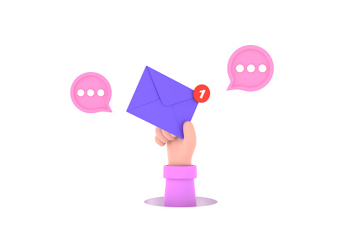 3D. character hand holding mail postal envelope and bubble. New communication message concept.